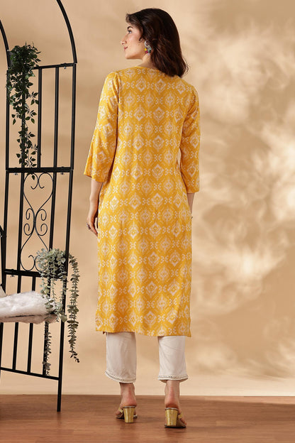 Sagarika Printed Yellow & Off White Salwar Suit with Hand Embroidered Mirror Work Neckline in Viscose