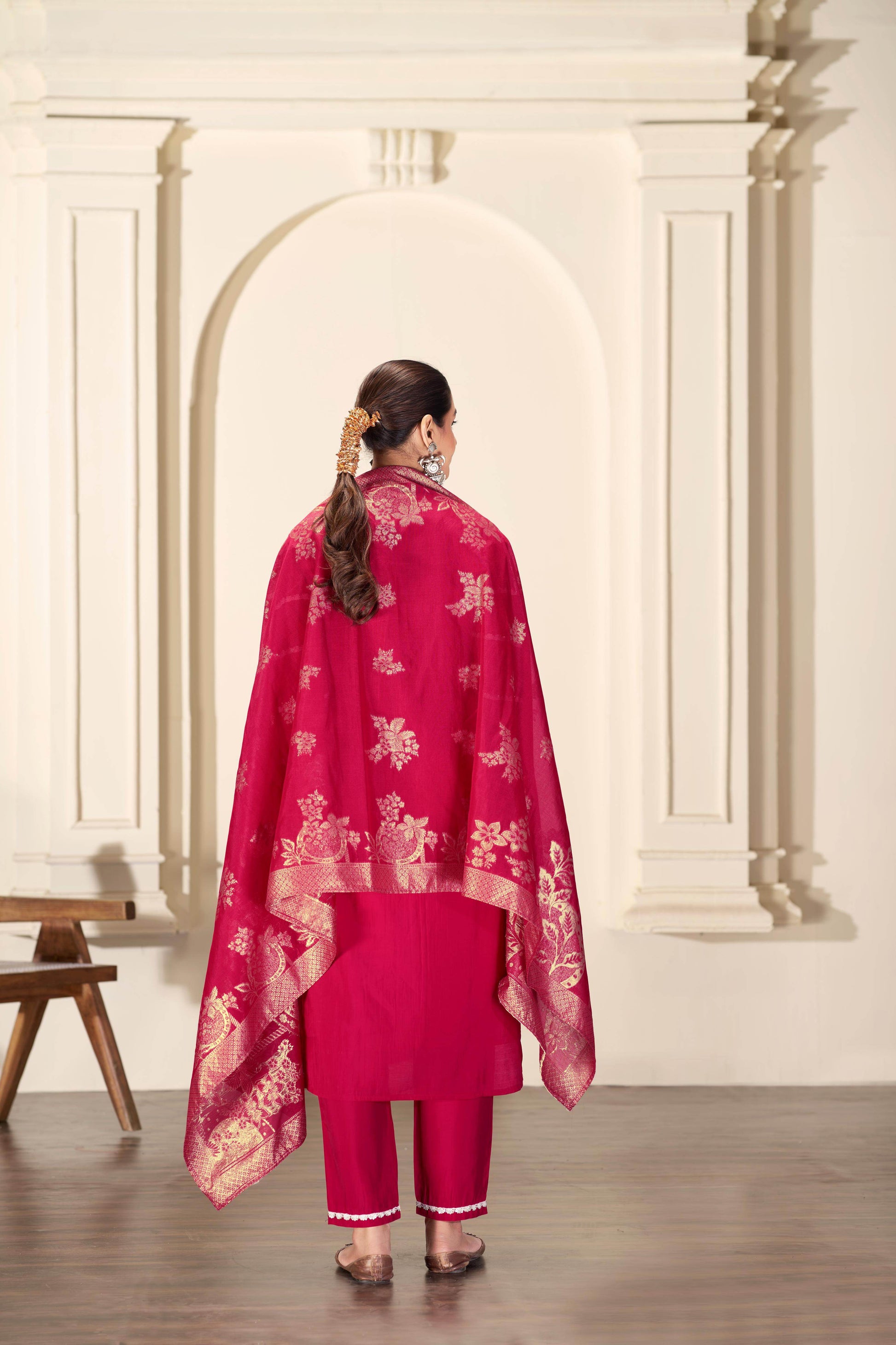 Almina Red Silk Kurta Set with Dupatta - BulBul