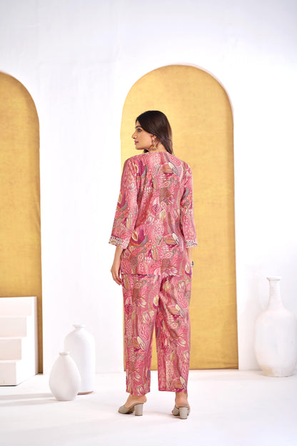 Modal Chanderi Saumya Rust Printed Co-Ord Set with Hand Beaded Placket and Sleeve Detailing