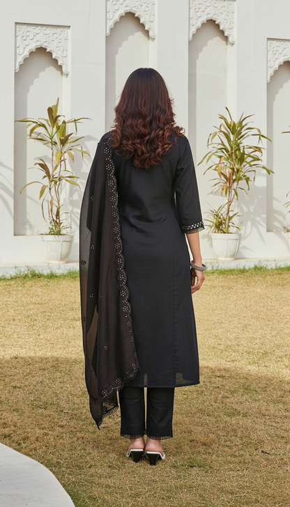 Maryam Black Pure Cotton  Linen Kurta Set with Dupatta Featuring Hand Embroidered Mirror Work Neckline with Cotton Mul Lining