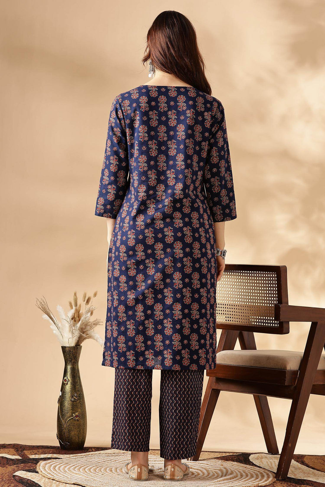 Navy Blue Cotton Kurta Set with Dupatta - BulBul