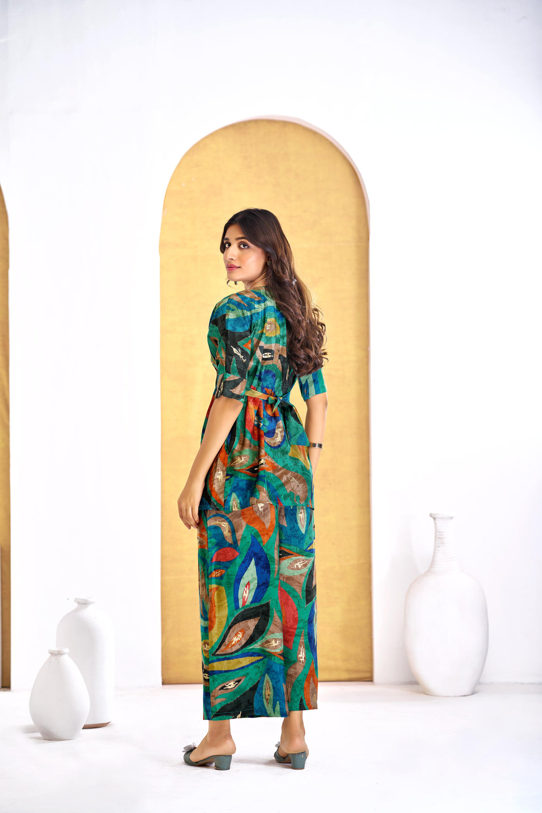 Kalki Green Modal Chanderi Co-Ord Set with Hand Embellished Mirror and Bugle Bead Detailing