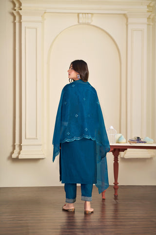 Ragini Teal Resham Thread & Sequin Embroidered Kurta Set with Sequin Dupatta in Chanderi Silk with Cotton Mul Lining