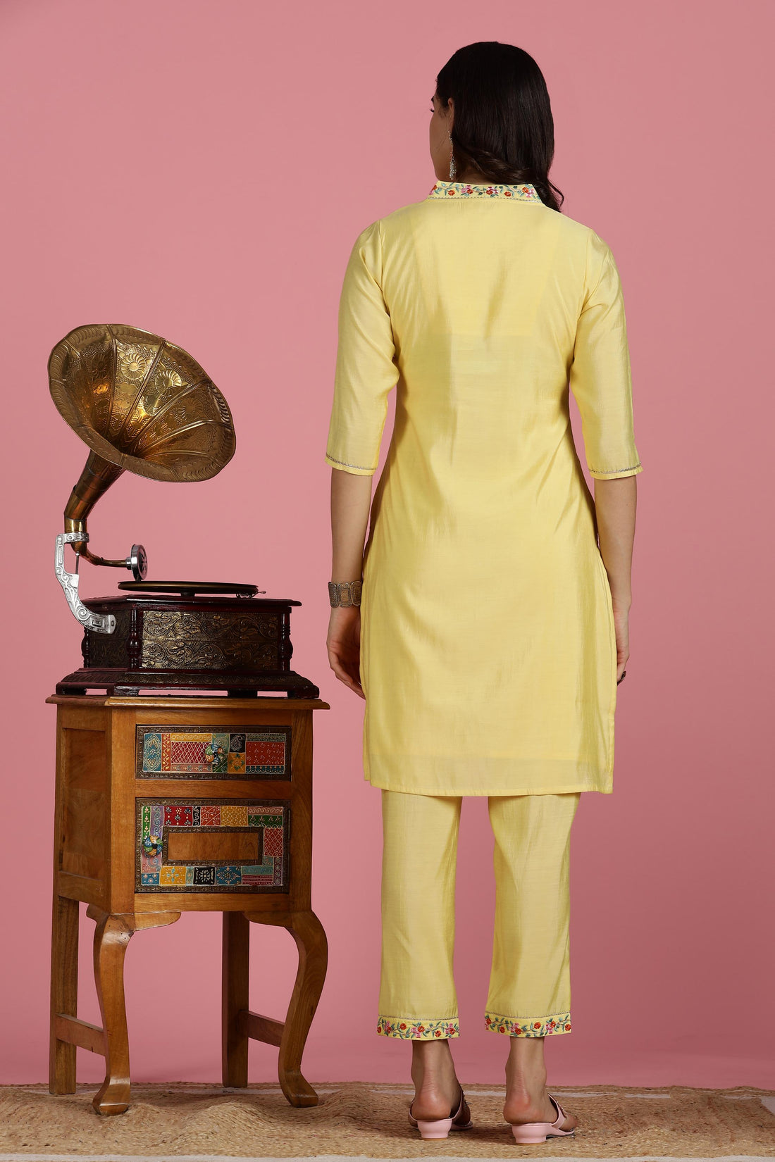 Yellow Chanderi Silk Kurta Set with Resham Floral Embroidery, Zari Highlights and Gota Patti Lace Detailing