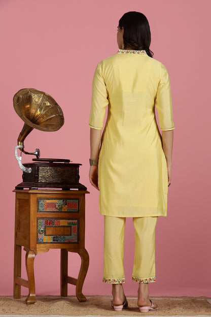Yellow Chanderi Silk Kurta Set with Resham Floral Embroidery, Zari Highlights and Gota Patti Lace Detailing
