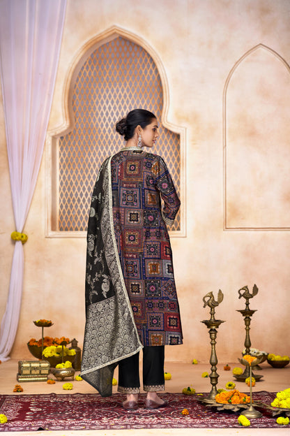 Rashmi Black Hand Thread & Sequins Embellished Suit Set with Zari Woven Jacquard Dupatta in Chanderi Silk with Pure Cotton Mul Lining