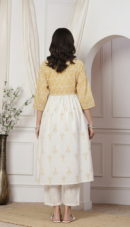 Nisha Off White Floral Printed Pure Cotton Angrakha Kurta Set with Cotton Mul Lining and Subtle Glass Bugle Handwork with Dupatta