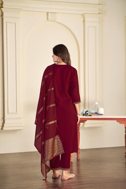 Ruhani Maroon & Gold Floral Zari Mirror Work Embroidered Yoke Kurta Set with Dupatta in Chanderi Silk with Cotton Mul Lining