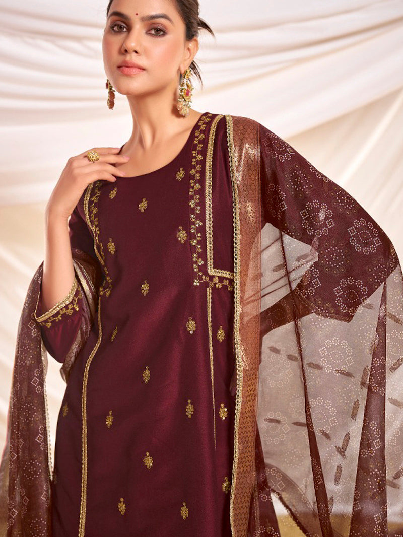 Kayra Maroon Sequins Motif Work A-Line Suit Set with Lace Border Detail in Chinnon Silk with Pure Cotton Mul Lining