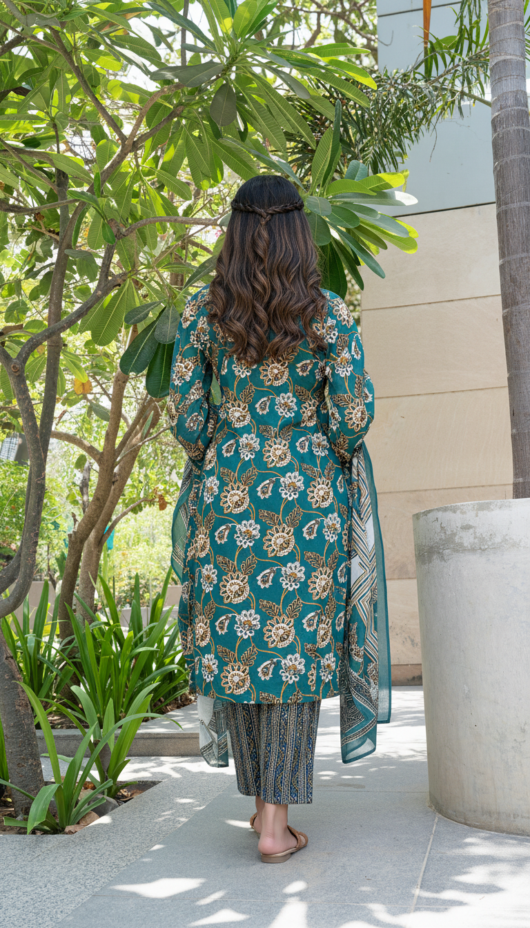 Pure Cotton Fashionista Green Floral Printed Kurta Set with Thread & Sequin Embellished V-Neckline and Dupatta