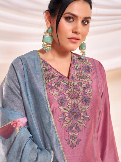Kayra Blush Pink Hand Bead-Finished Embroidered A-Line Suit Set in Chinnon Silk with Pure Cotton Mul Lining