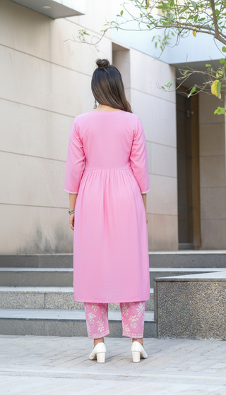 Arushi Blush Pink Embroidered Viscose Kurta Set with Lucknowi Inspired Floral Jaal Work