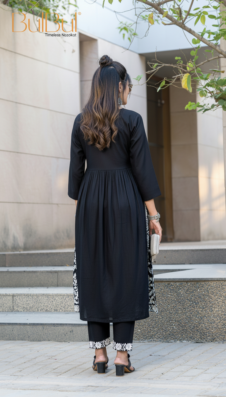 Arushi Black Rayon Kurta Set with Lucknawi Work