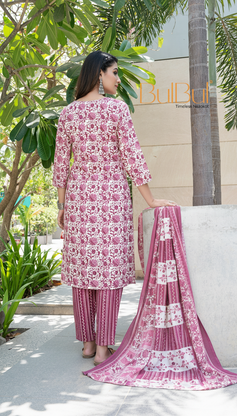 Pure Cotton Wine Floral Printed Kurta Set with Sequin Embellished Neckline & Dupatta