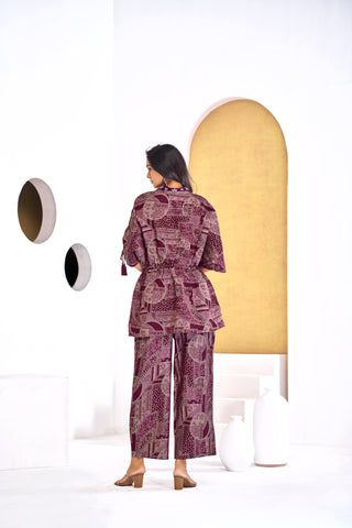 Hetal Wine Heritage Print Modal Chanderi Co-Ord Set with Bead, Patti Sequin and Crystal Appliqué Neckwork