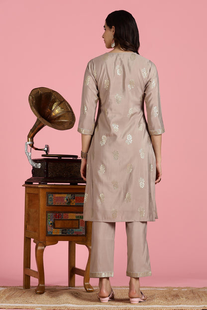 Mocha Mousse Chanderi Silk Kurta Set with Zari Resham Embroidered Yoke and Gold Foil Floral Print with Dupatta