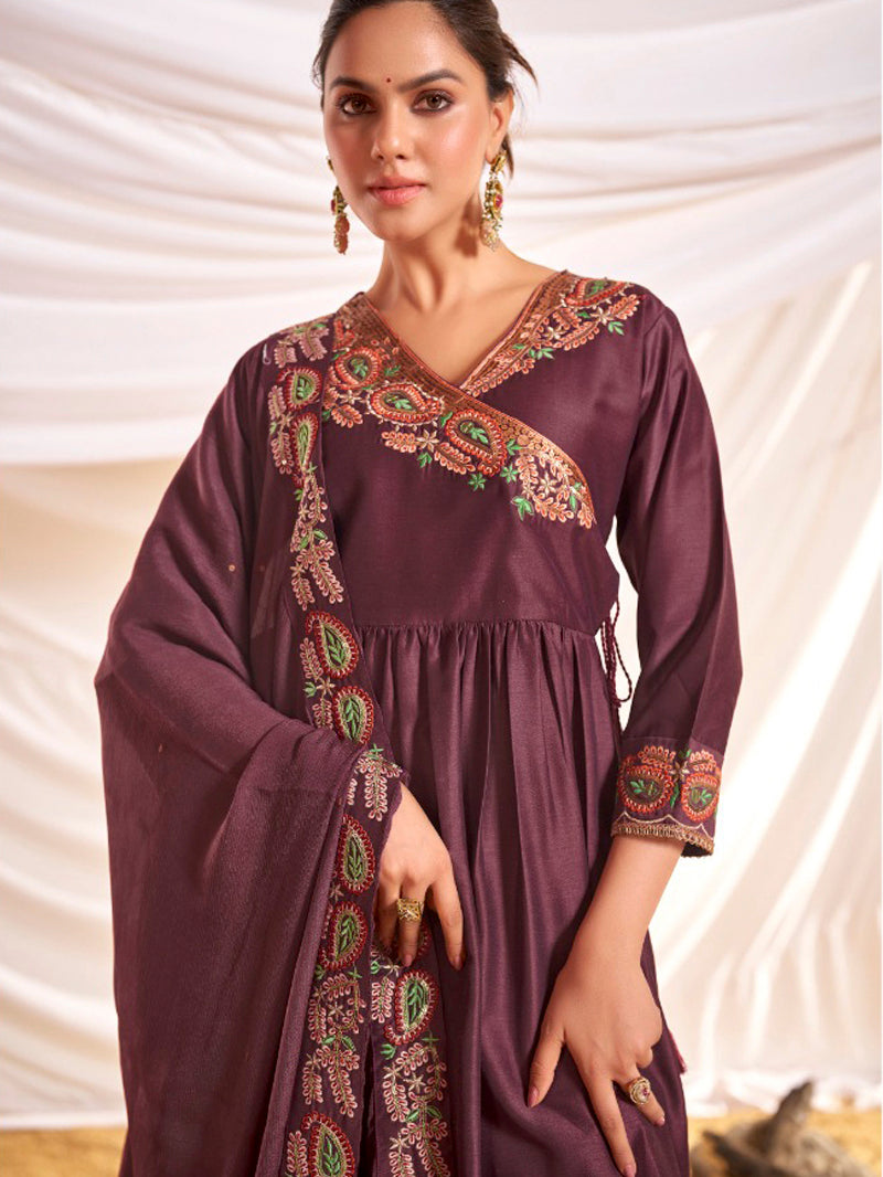 Kayra Wine Paisley Hand-Embroidered & Coin Sequin Work Angrakha Suit Set in Chinnon Silk with Cotton Mul Lining
