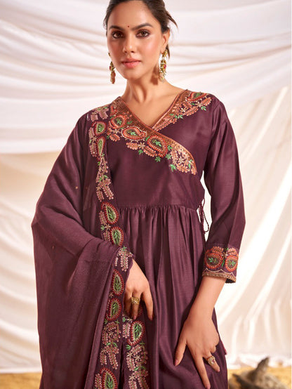 Kayra Wine Paisley Hand-Embroidered & Coin Sequin Work Angrakha Suit Set in Chinnon Silk with Cotton Mul Lining