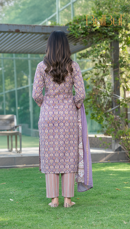 Pure Cotton Fashionista Purple Printed Kurta Set with Thread Embroidery, Mirror & Sequin Detailed Neck Panel and Dupatta