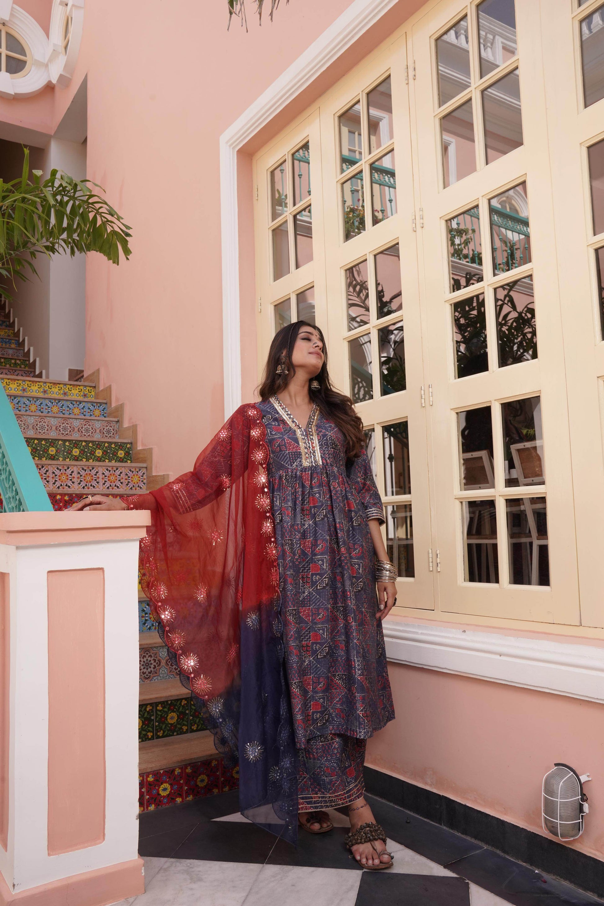 Inaya Chanderi Blue Kurta Set with Dupatta - BulBul