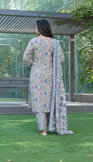 Pure Cotton Grey Printed Kurta Set with Intricate Thread Embroidery & Mirror Work Neckline with Dupatta