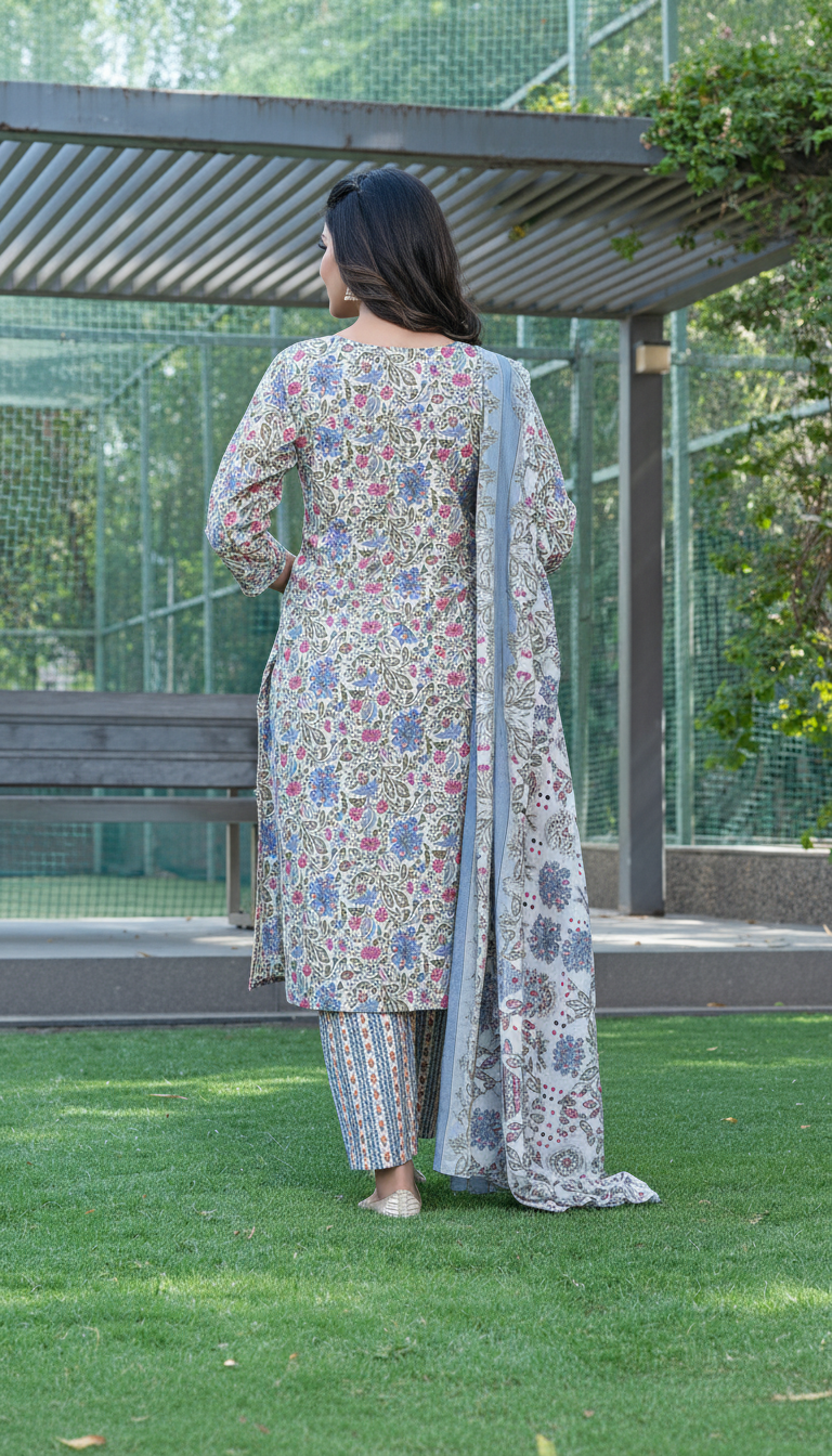 Pure Cotton Grey Printed Kurta Set with Intricate Thread Embroidery & Mirror Work Neckline with Dupatta