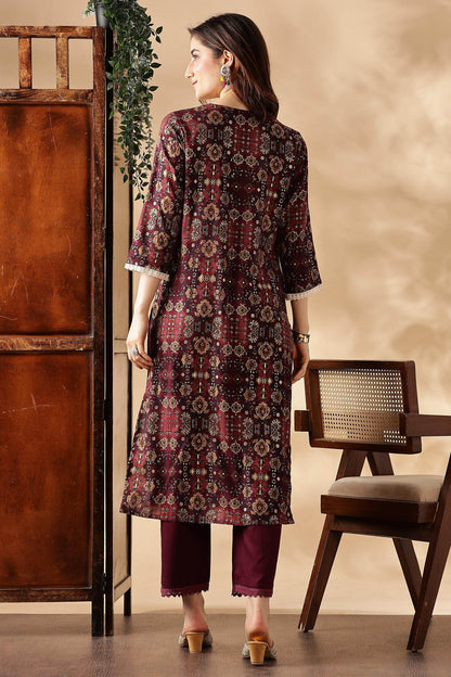 Anjali Wine Rayon Kurta Set with Dupatta - BulBul