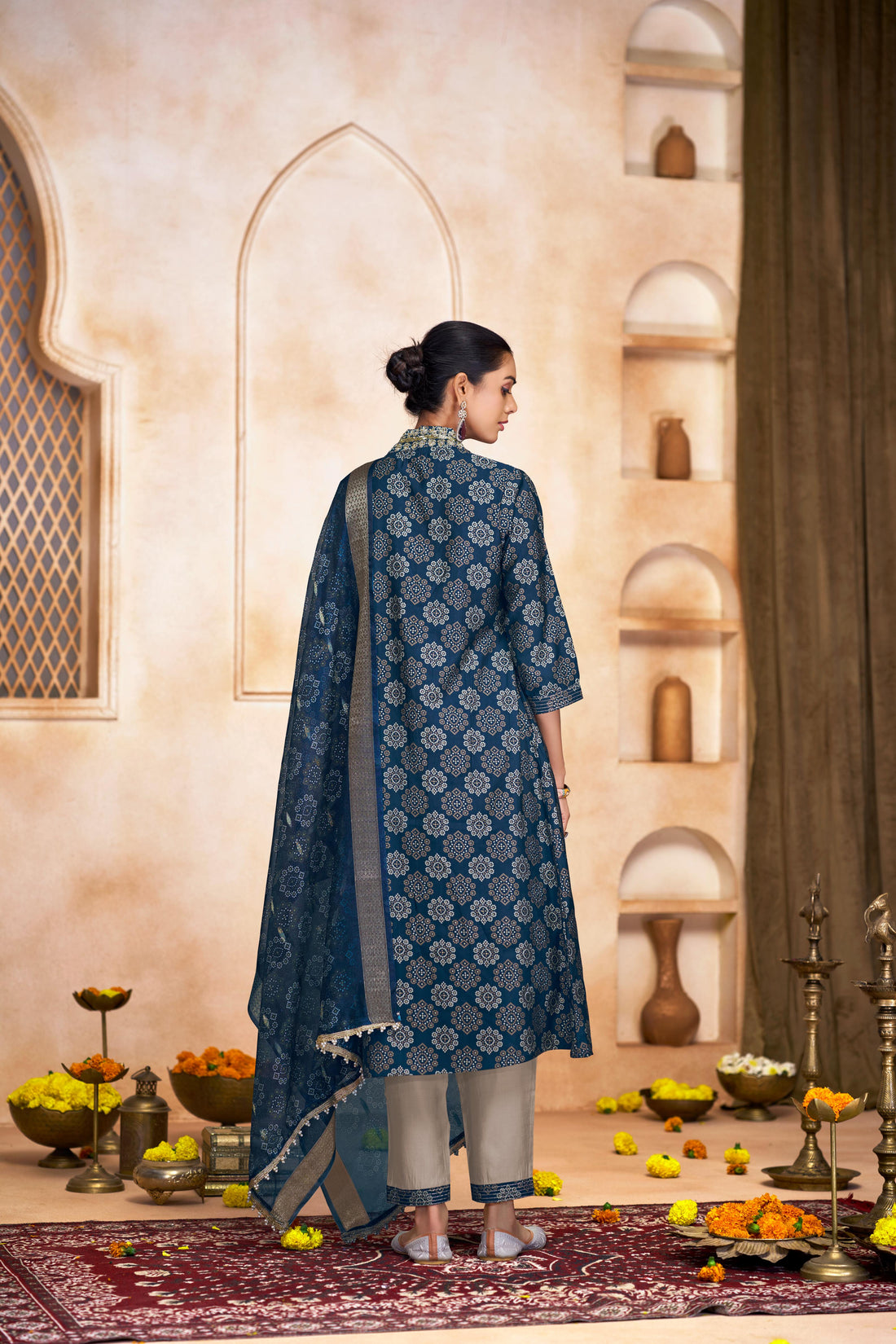 Rashmi Blue Ethnic Motif Print Hand Embellished, Sequins and Bugle Bead Work Suit Set in Chanderi Silk with Pure Cotton Mul Lining