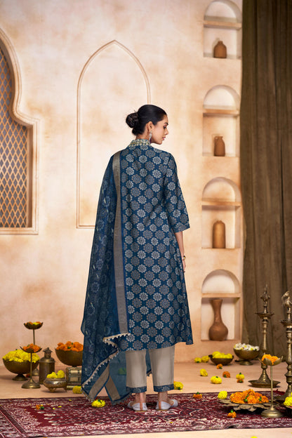 Rashmi Blue Ethnic Motif Print Hand Embellished, Sequins and Bugle Bead Work Suit Set in Chanderi Silk with Pure Cotton Mul Lining