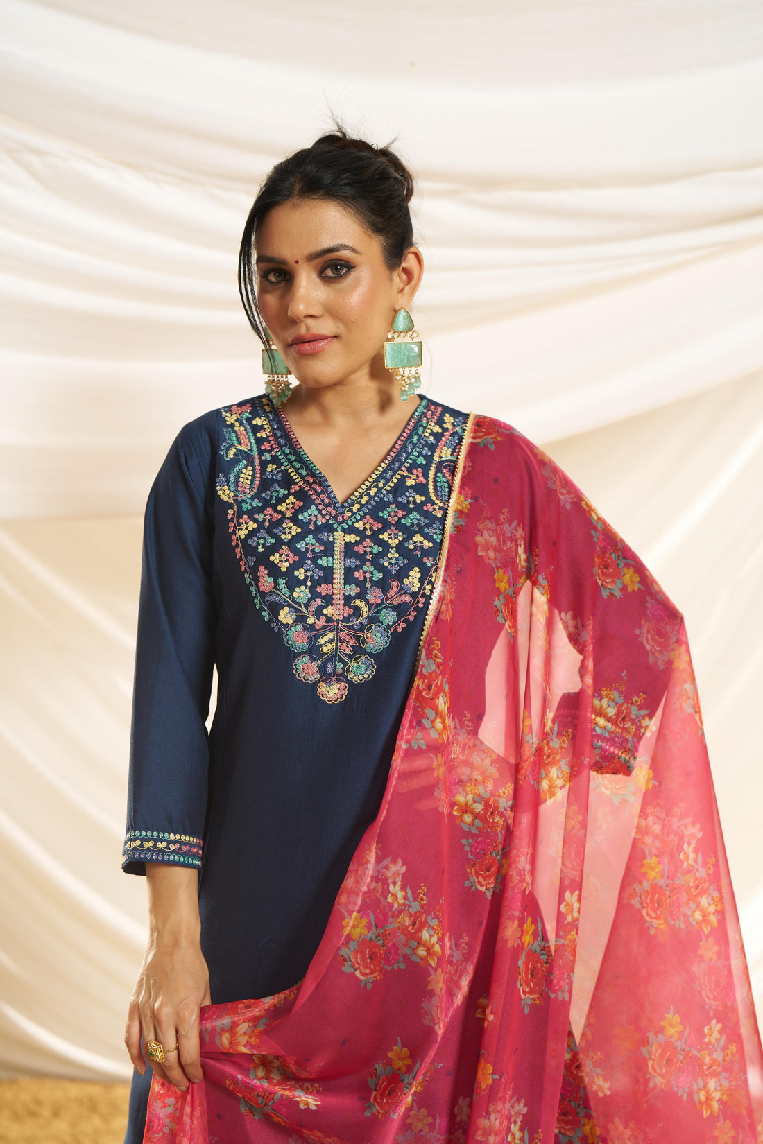 Kayra Navy Multicolor Hand Embroidered Straight Fit Suit Set in Chinnon Silk with Pure Cotton Mul Lining