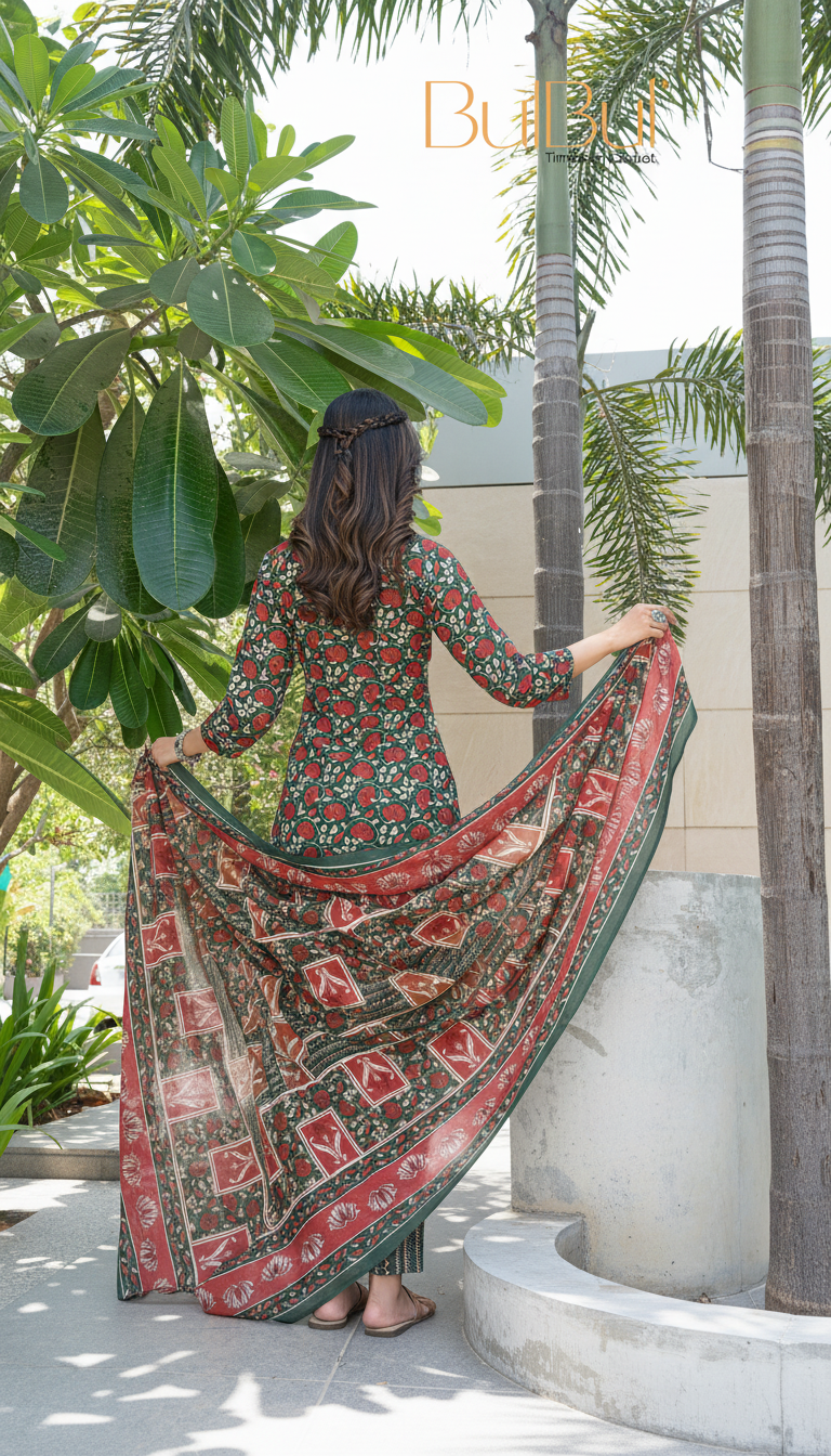 Pure Cotton Fashionista Green Floral Printed Kurta Set with Contrast Thread-Detailed V-Neck and Dupatta