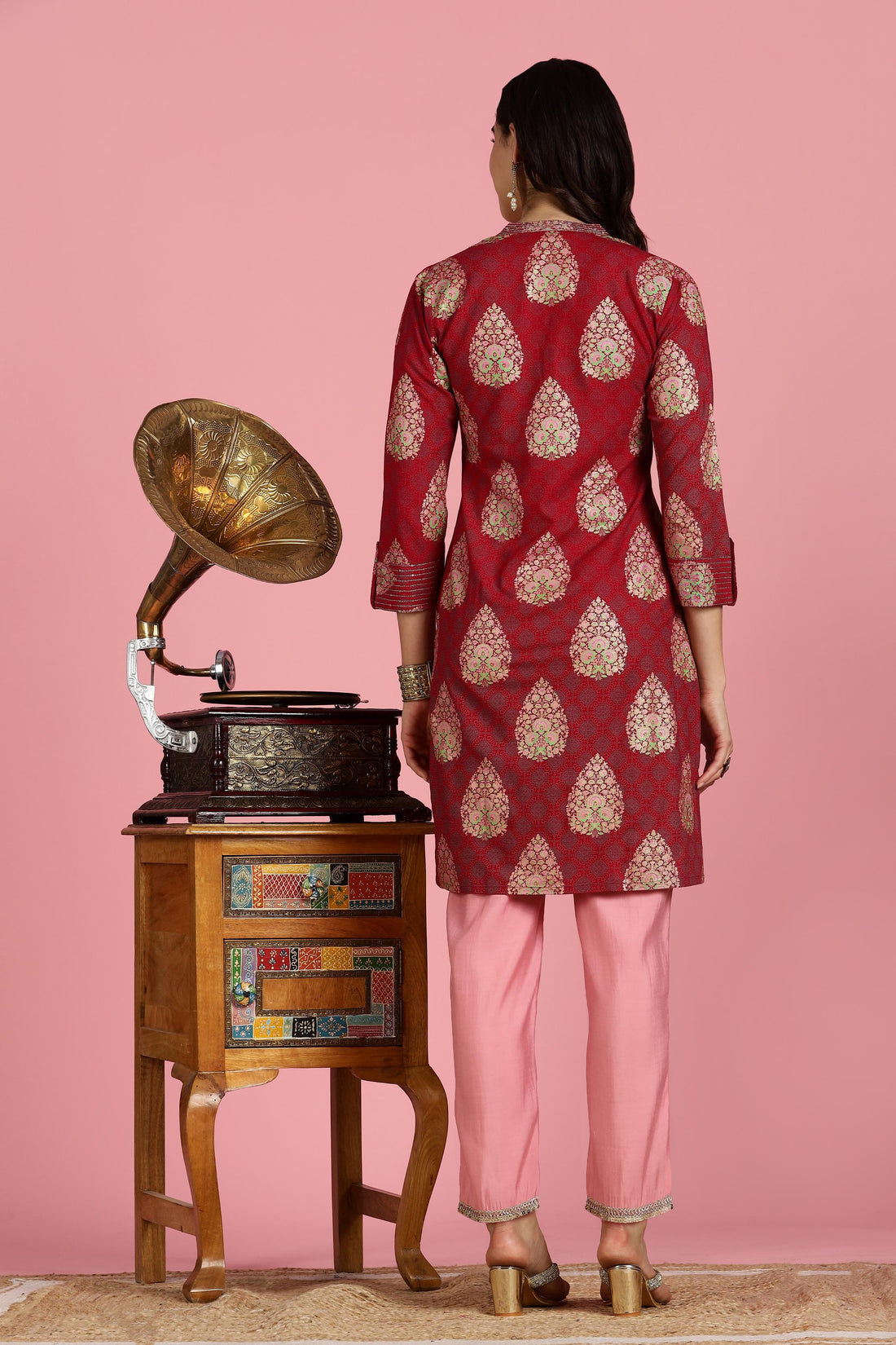 Maroon Viscose Printed Kurti with Thread Embroidered Mandarin Collar and Sequin Detailing