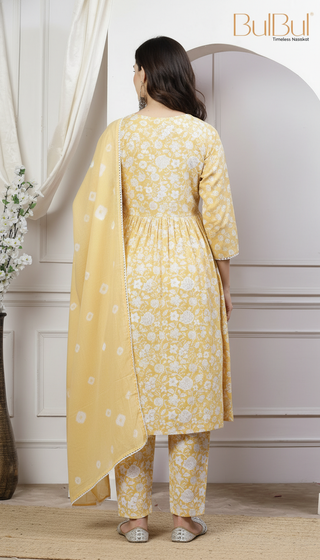 Pure Cotton Gulfam Off White Floral Printed Kurta Set with Cotton Mul Lining, Glass Bugle Handwork Neckline and Dupatta