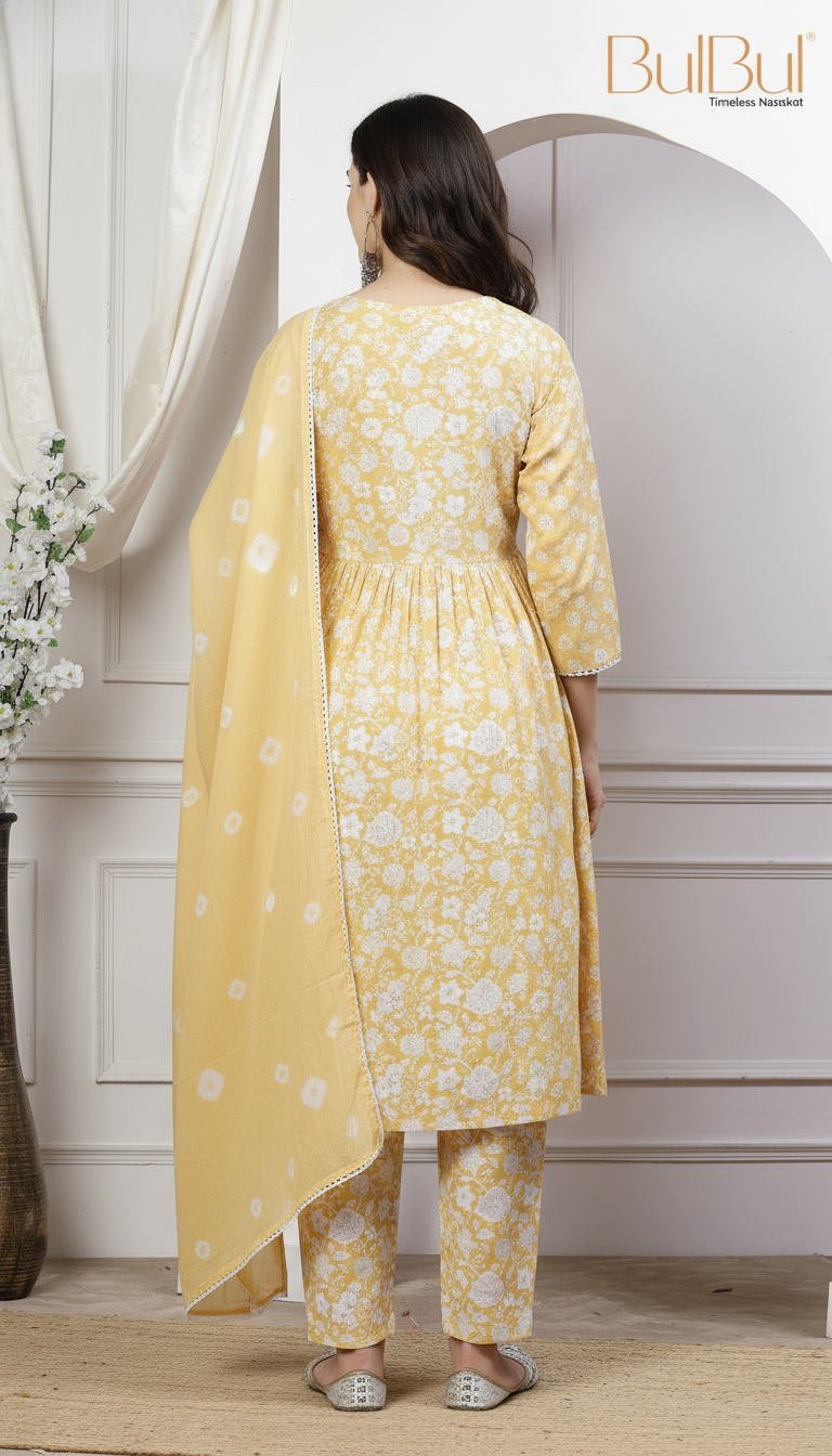 Pure Cotton Gulfam Off White Floral Printed Kurta Set with Cotton Mul Lining, Glass Bugle Handwork Neckline and Dupatta