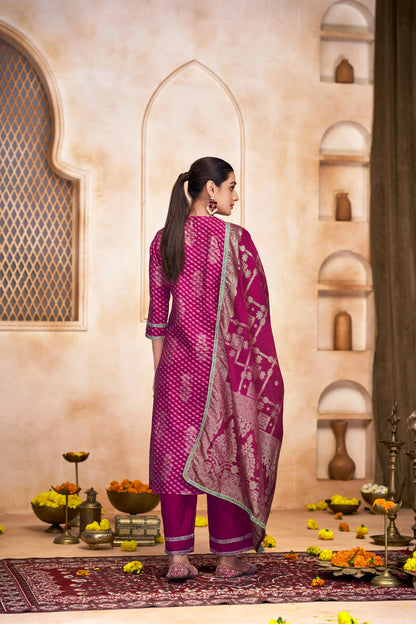 Rashmi Fuchsia Hand Embellished Multicolor Bead and Sequins Work Suit Set in Chanderi Silk with Pure Cotton Mul Lining