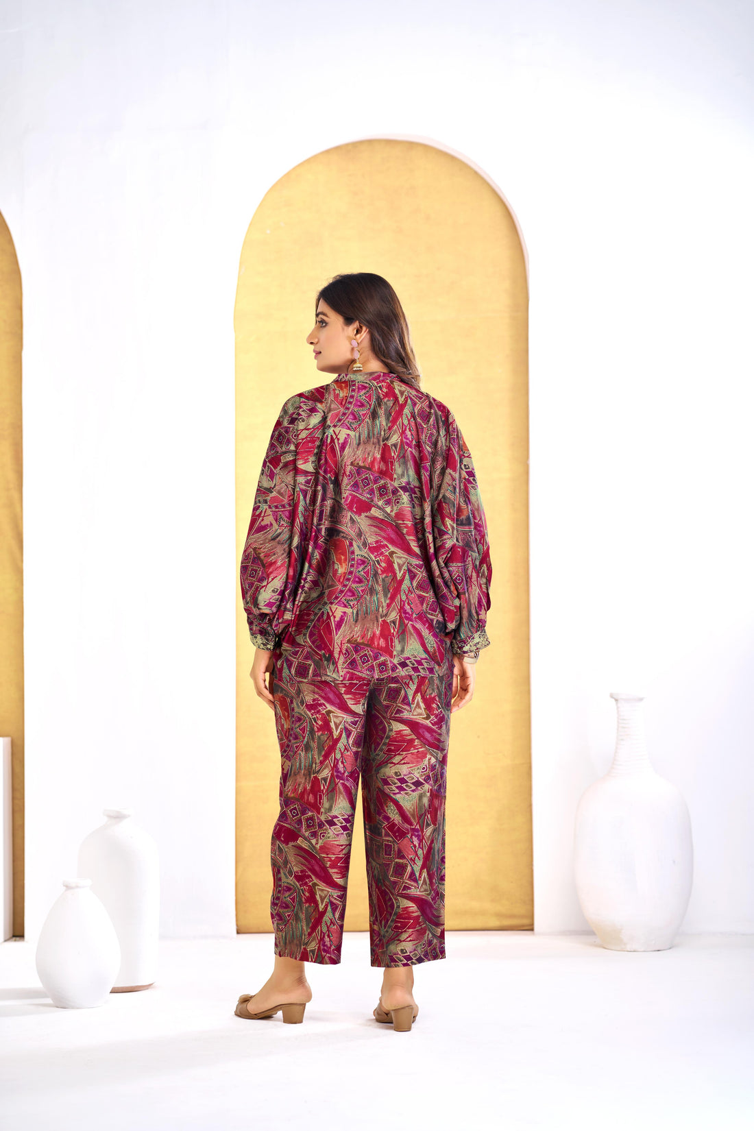 Mehzabin Red Modal Chanderi Co-Ord Set with Zari Embroidered Sequin Cuffs and Statement Bell Sleeves