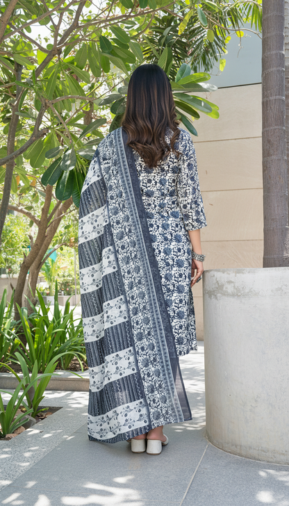 Pure Cotton Navy Floral Printed Kurta Set with Sequin Embellished Neckline & Dupatta
