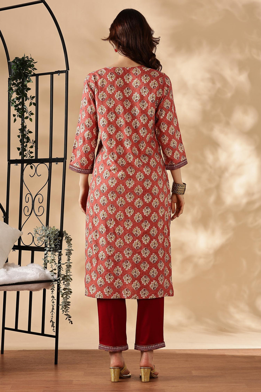 Shamaira Rust Ethnic Printed Salwar Suit with Thread Embroidered Neck Panel in Viscose