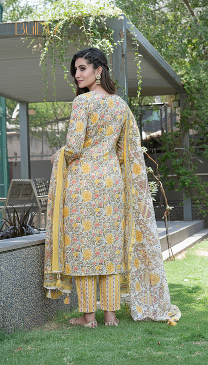 Pure Cotton Mustard Printed Kurta Set with Intricate Thread Embroidery & Mirror Work Neckline with Dupatta