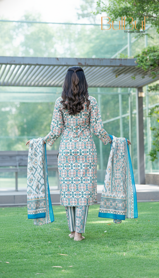 Pure Cotton Green-Blue Printed Kurta Set with Subtle Sequin Detail & Dupatta