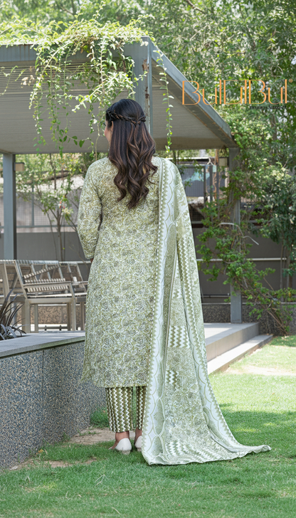 Pure Cotton Green Floral Printed Kurta Set with Silver Zari Thread & Sequin Embroidered Placket