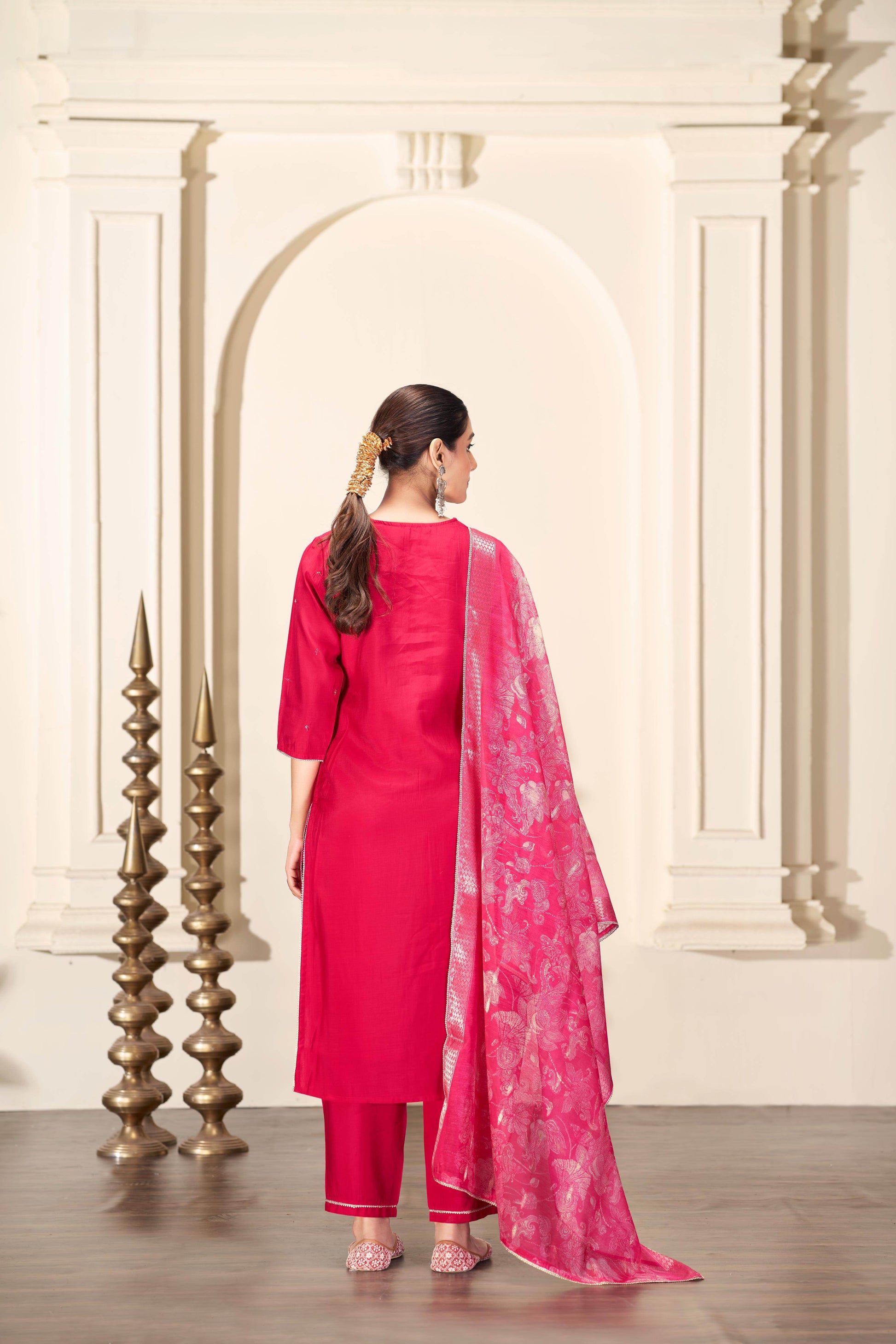 Nirjari Red Silk Kurta Set with Dupatta - BulBul