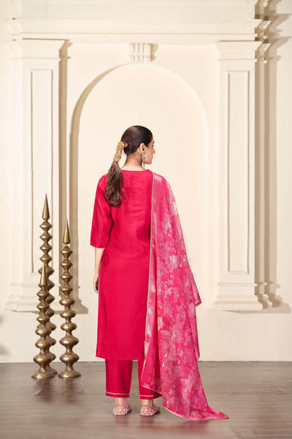 Nirjari Red Silk Kurta Set with Dupatta - BulBul