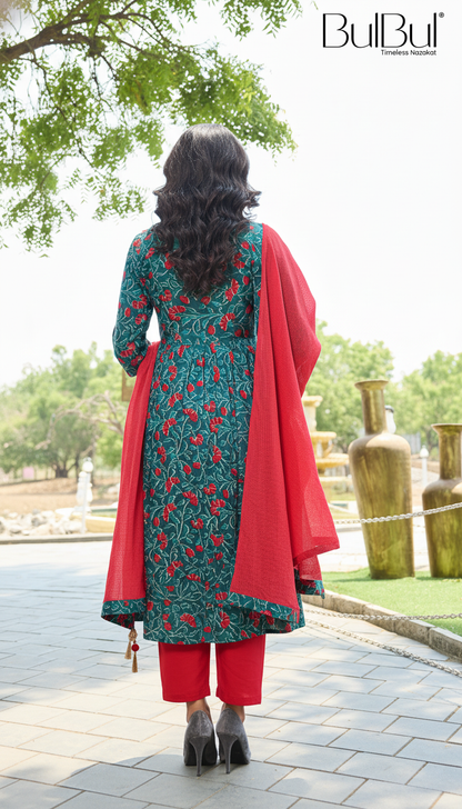 Pure Cotton Anupriya Blue Floral Printed Pure Cotton Kurta Set with Resham Thread Embroidered Neckline and Handcrafted Mirror Work with Dupatta