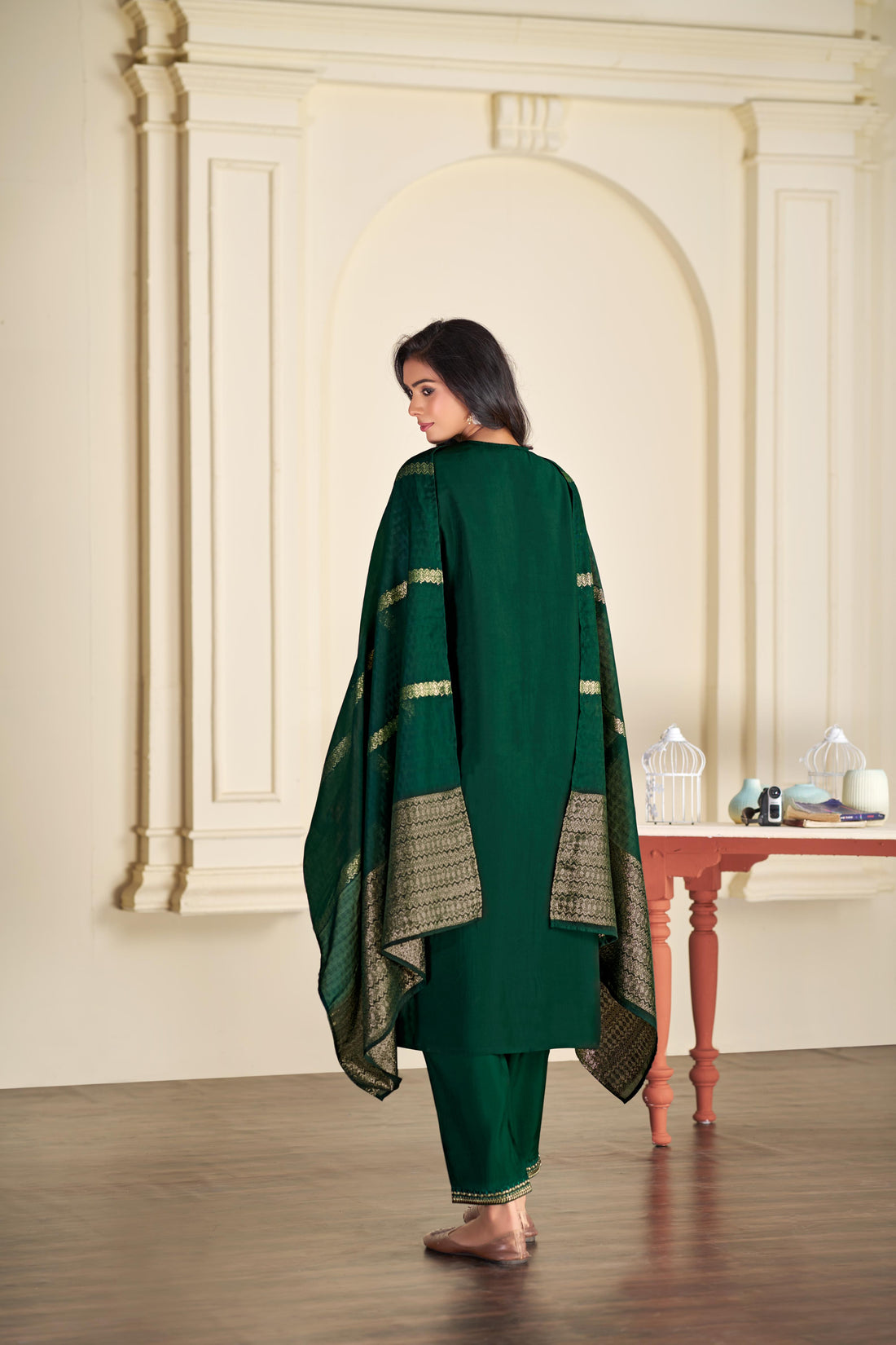 Ruhani Green & Gold Floral Zari Mirror Work Embroidered Yoke Kurta Set with Dupatta in Chanderi Silk with Cotton Mul Lining