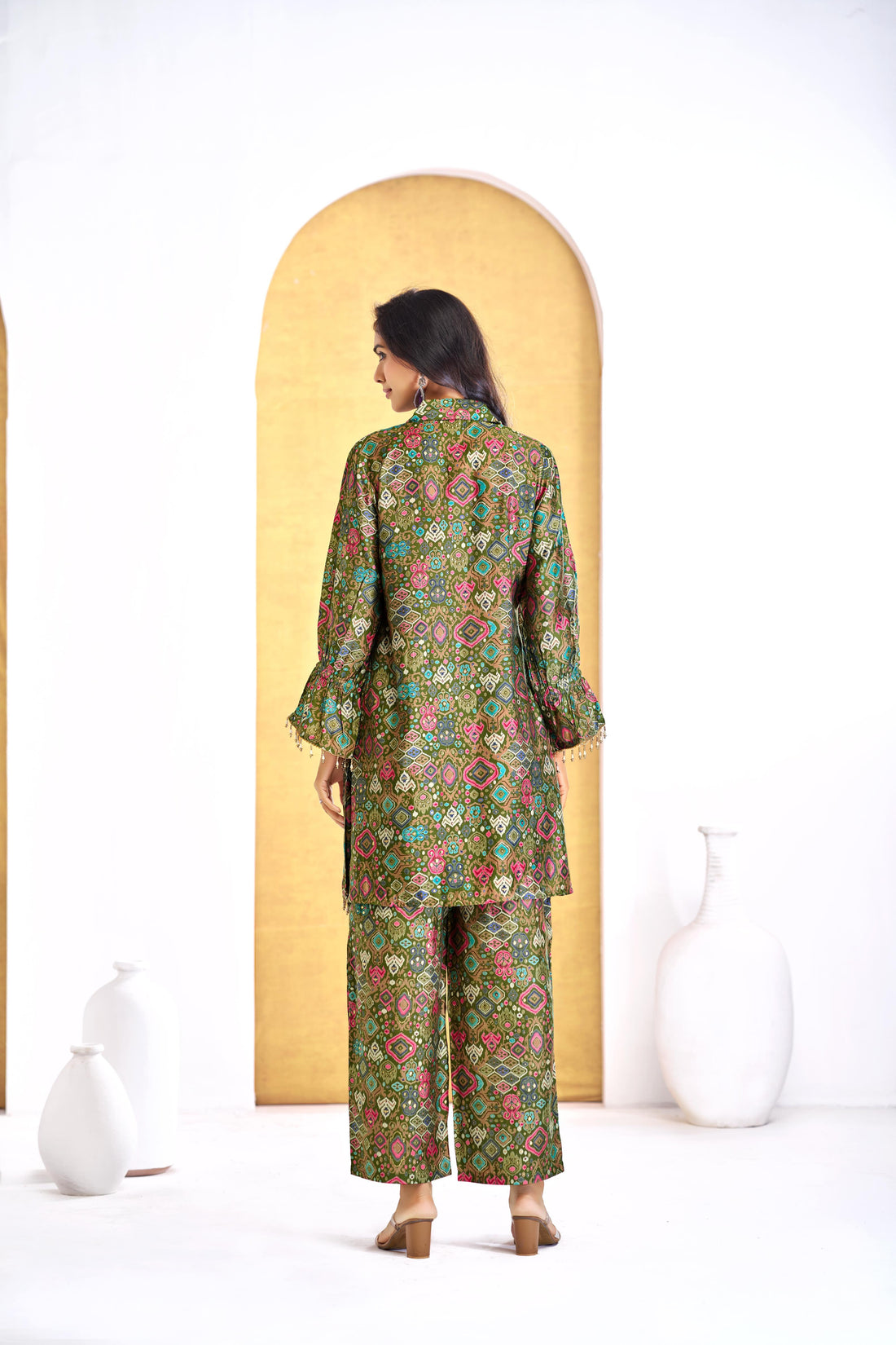 Pratiksha Olive Printed Modal Chanderi Co-Ord Set with Hand Embellished Mirror Placket and Pearl Drop Latkan Detailing