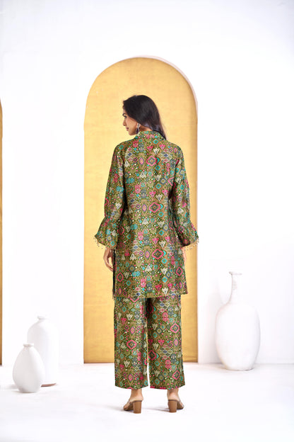 Pratiksha Olive Printed Modal Chanderi Co-Ord Set with Hand Embellished Mirror Placket and Pearl Drop Latkan Detailing