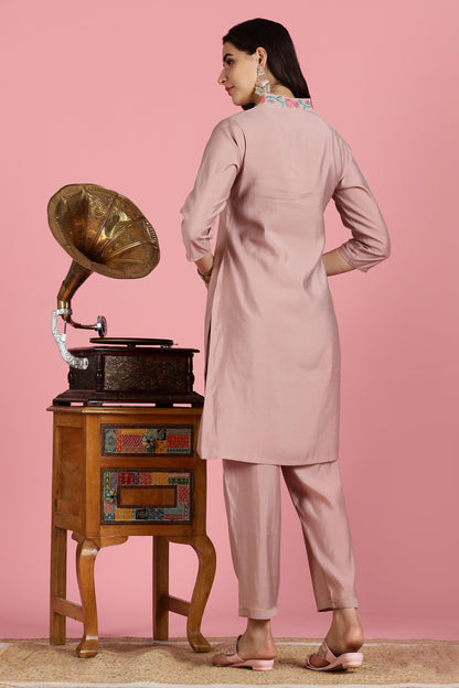 The Suitable Blush Pink Chanderi Silk Kurta Set for Women | Floral Kurta with Zari & Sequin Hand Embellished Neckline | Cotton Mul Lining | Straight Kurta Pant with Dupatta | Festive Ethnic Suit Set