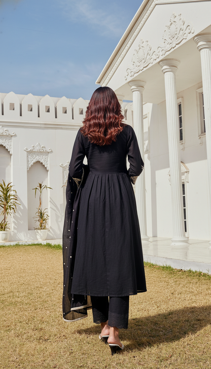 Abhilasha Pure Cotton Linen Black Kurta Set with Intricate Thread Embroidery and Mirror Accents, Embroidered Sleeves and Cotton Mul Lining