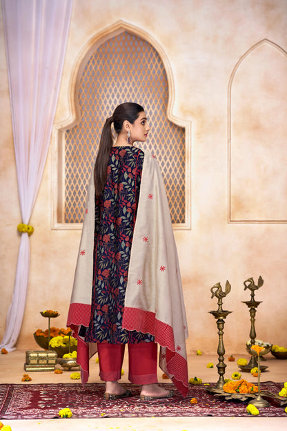 Rashmi Navy Multi-Color Hand Embroidered & Hand Embellished Suit Set with Zari, Dabka, Bead and Sequins Work in Chanderi Silk with Pure Cotton Mul Lining